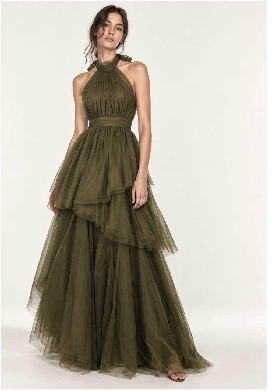 Vestido halter tul verde olivo