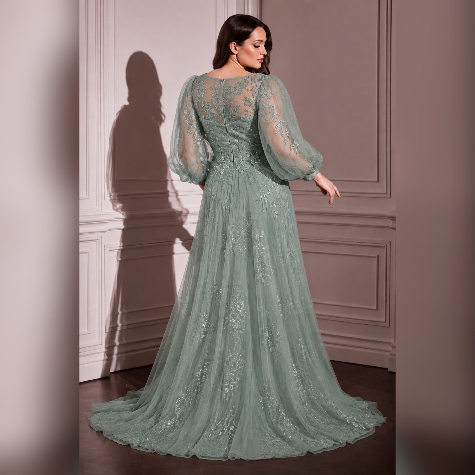 Vestido manga larga tul verde sage image 1