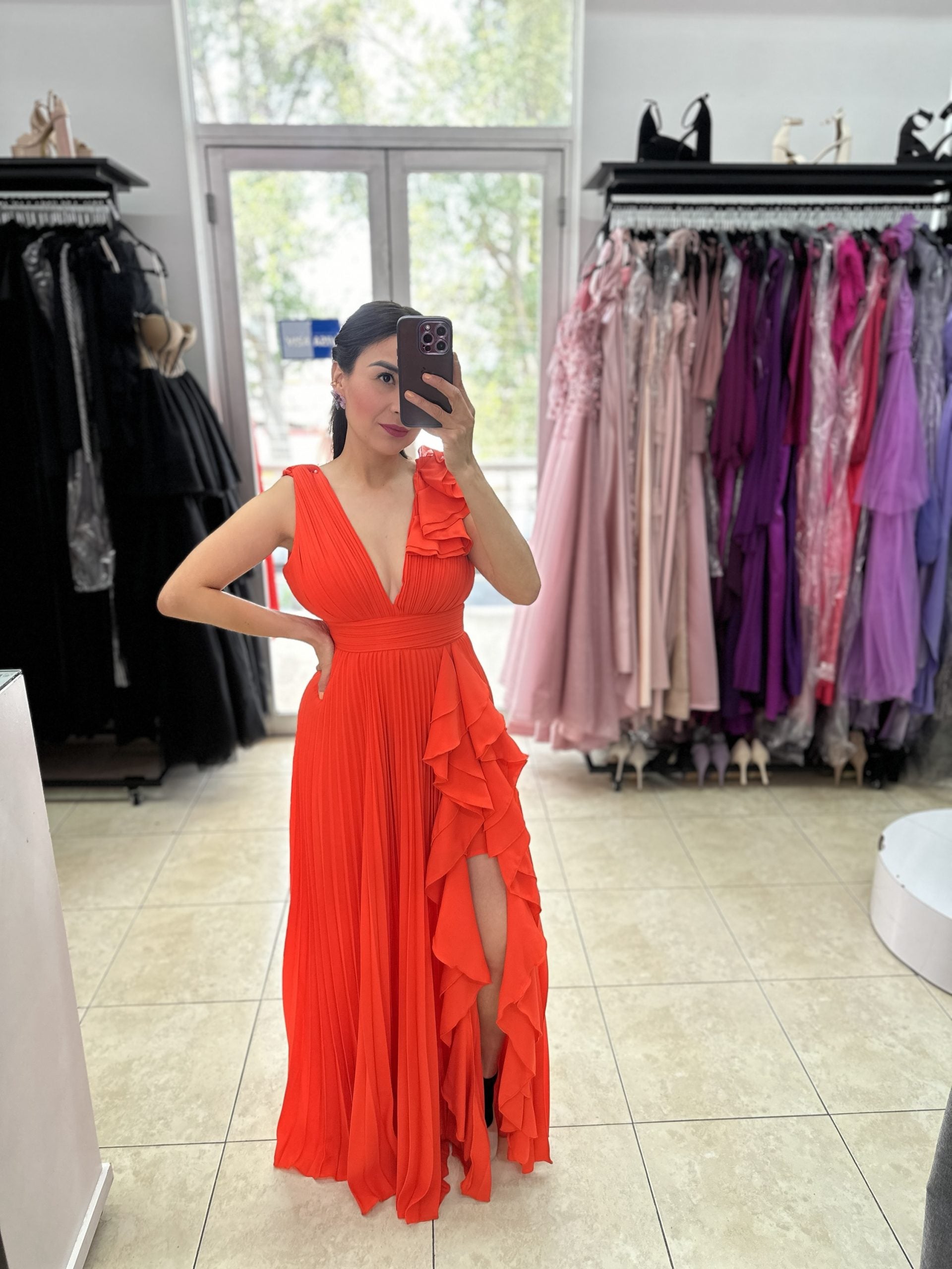 Vestido naranja escarolas plisado image 0