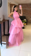 Vestido rosa tul halter con espalda descubierta image 0