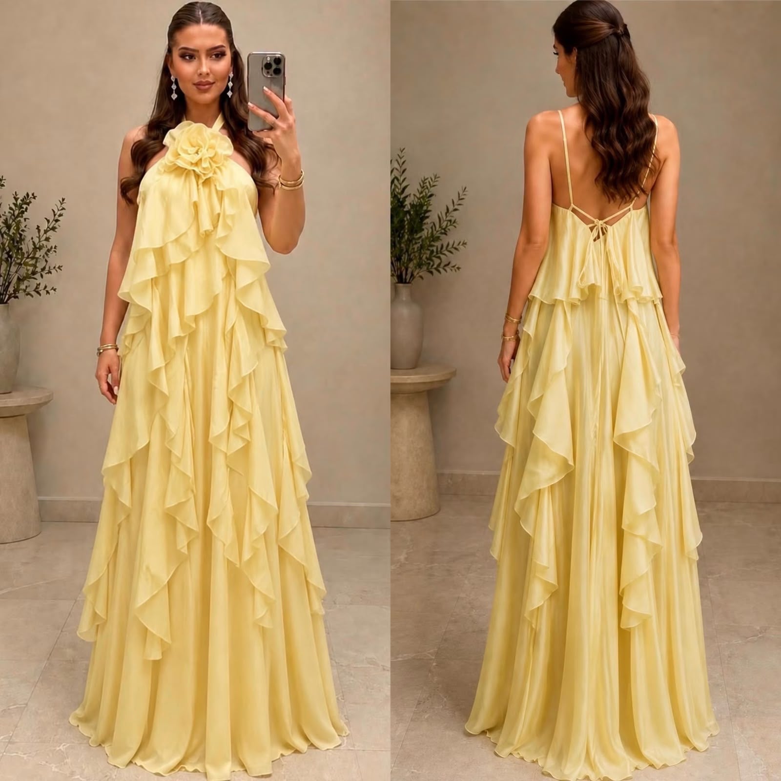 Vestido amarillo halter con Olanes image 0