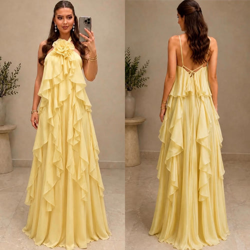 Vestido amarillo halter con Olanes image 0