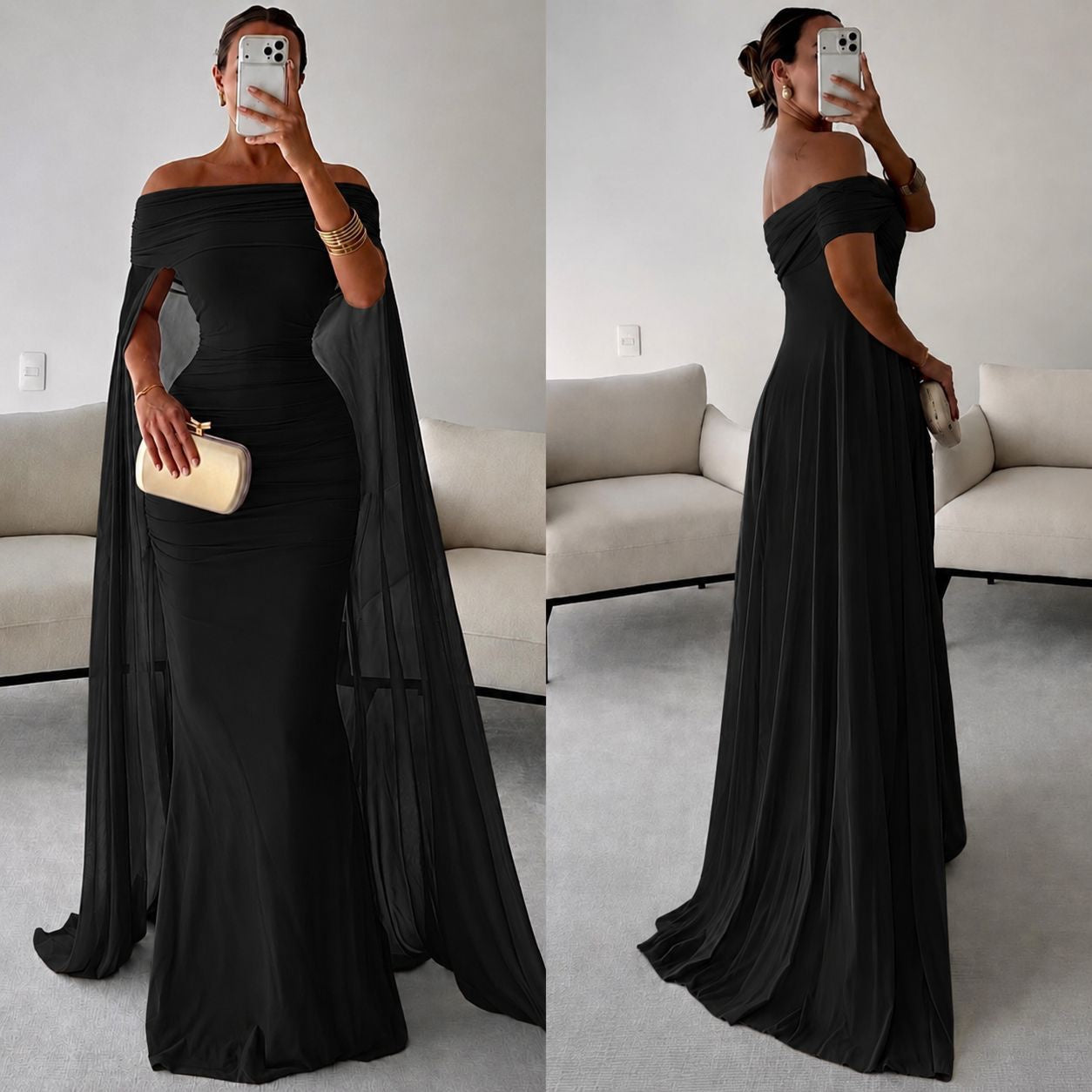 Vestido negro off shoulder con capa image