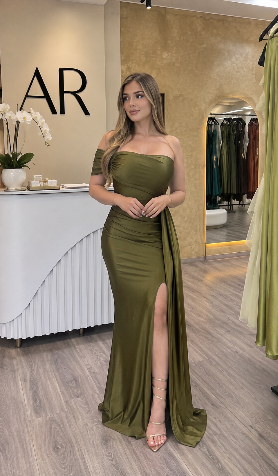 Vestido verde olivo licra satinada