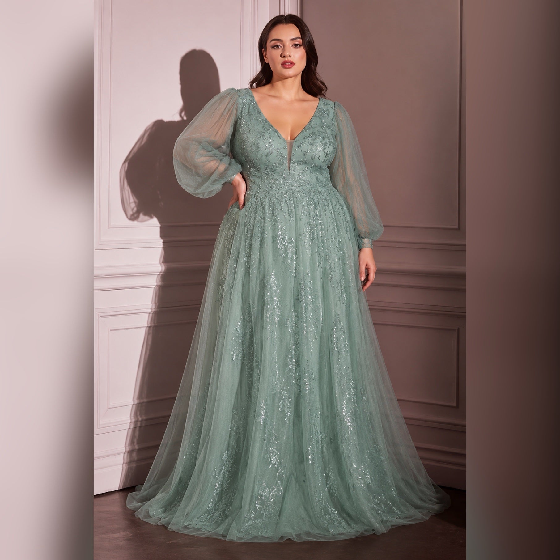 Vestido manga larga tul verde sage image 0
