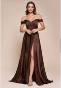 Vestido café off shoulder satinado corte A image 0