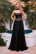 Vestido negro strapless corte A con corsé image 0