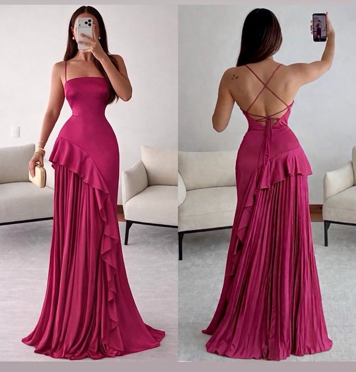 Vestido fucsia mitad plisado image